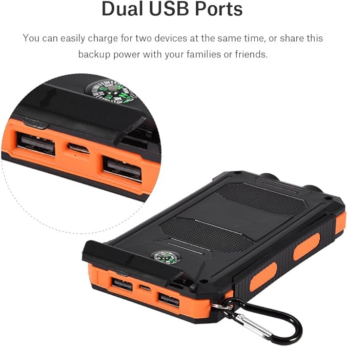 SUNGOOYUE 10000mAh Bank Kit, Portable Outdoor Fast Charger with Dual USB Ports, IP6, for Camping Travel Hiking (Black Orange)