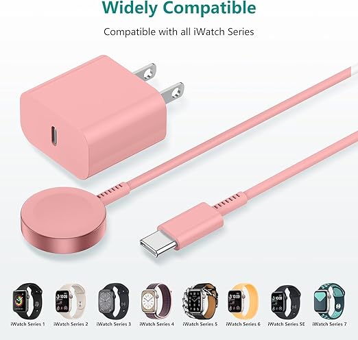 Upgraded Apple Watch Charger, Magnetic Fast Charger, USB C Charger Block Plug Adapter with 6FT iWatch Portable Wireless Fast Charging Cable Cord for iWatch Series Ultra/9/8/7/6/SE/SE2/5/4/3 Pink