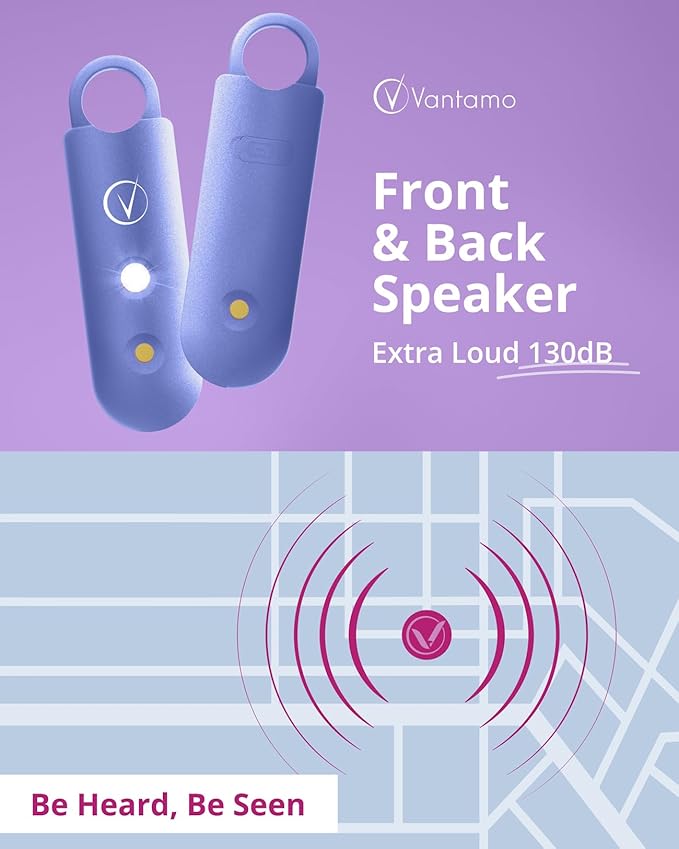 Vantamo Personal Alarm for Self Defense with Low Battery Notice, Strobe Light & Extra Loud 130 dB Double Speakers Safety Keychain Set for Women, Rechargeable Panic Button for Womens Self Defense