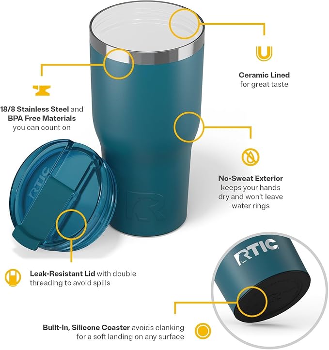 RTIC 30oz Essential Tumbler with Lid, Ceramic Lined, Insulated, Stainless Steel, Metal, Double Wall Vacuum-Insulation, Travel Cup for Iced Coffee, Tea, Hot and Cold Drink, Marine