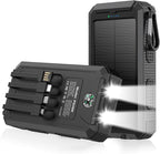 Solar Charger 20,000mAh, Portable Power Bank, 4 Cables Outdoor Waterproof External Backup Phone Charger with USB-C for Cell Phones, Solar Battery Pack with Dual Flashlight for Camping