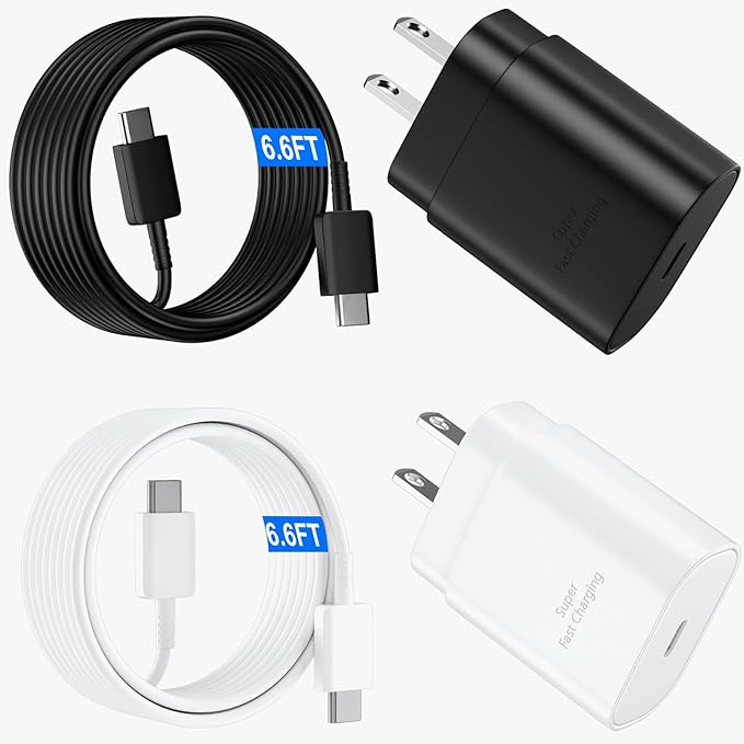 USB C Android Charger Fast Charging Cord, Super Fast Phone Chargers 6.6FT C to C Type Cable with 25W USBC Wall Block for Samsung Galaxy S26 S25 S24 Ultra Plus/S23/S22/S21/S20/Note 20/10, White+Black
