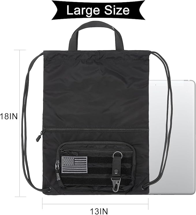 seyfocnia Drawstring Backpack Tactical String Bag with Zipper Pockets Waterproof Cinch Bag Sport Gym Sackpack - Black