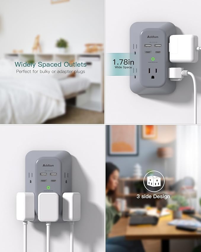Addtam Surge Protector Outlet Extender, Multi Plug Wall Outlet with 4 USB Ports(PD 20W), 3-Sided 1800J Power Strip Plug Extension Outlet Splitter, Gray