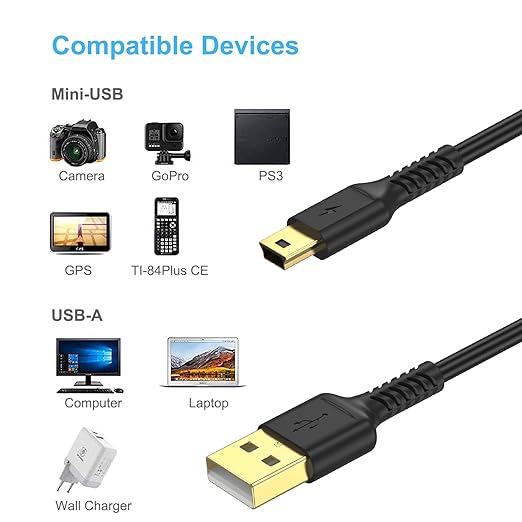 6FT Mini USB Cable, Standard USB 2.0 Type A Male to Mini B Male Charger Cord Compatible with PS3 Controller, MP3 Player, Camera, Dash Cam, Garmin GPS, Hero 4/3+
