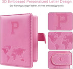 Personalized P Passport Holder Cover Initial Letter Travel Wallet RFID Blocking Passport Cover Credit Card Holder Case Passport Book Holders for Women and Men, Pink-p