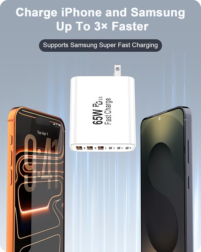 FEEL2NICE 2-Pack 65W USB C Charger Block, 6-Port Fast Wall Charger [3 PD USB-C & 3 QC 3.0 USB-A], Compact Adapter for iPhone 17 16 15 14 13 12 11 X 8,Pro,Max,iPad, iPod,Galaxy, Google & More