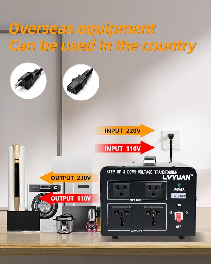 LVYUAN 3000 Watt Voltage Converter Transformer Heavy Duty Step Up/Down AC 110V/120V/220V/240V Power Converter with 2 US Outlets, 2 Universal Outlets, Resettable Circuit Breaker Protection