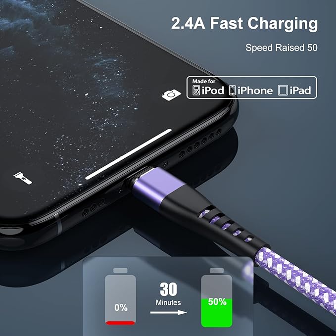 Essri for Phone Charger Cord 6 FT 2Pack,USB to Lighting Cable 6 Feet, Nylon Braided Long Charging Cable 6 Foot Compatible with iPhone 14/13/12/11/X/XS/XR/12/Pad Mini Air - Purple