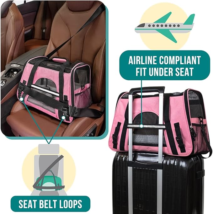 PetAmi Airline Approved Pet Carrier for Cats & Small Dogs, Soft Sided TSA Travel Carrier Bag with Sherpa Bed, Breathable Mesh Ventilation, Collapsible Bowl, Fits Under Seat, Up to 18 lbs, Small Pink