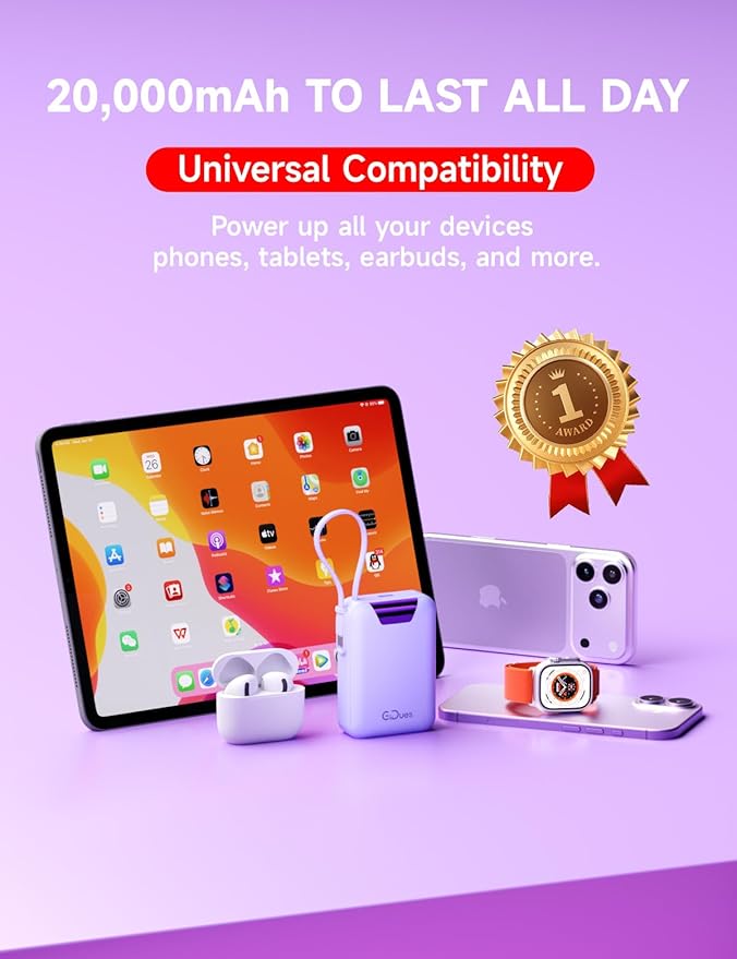 M2 Portable Charger, 20000mAh Power Bank, PD 35W Ultra Fast USB-C Built-in Cable, Compact Cute Mini External Battery Pack for iPhone, Samsung, Android iPad (Purple)