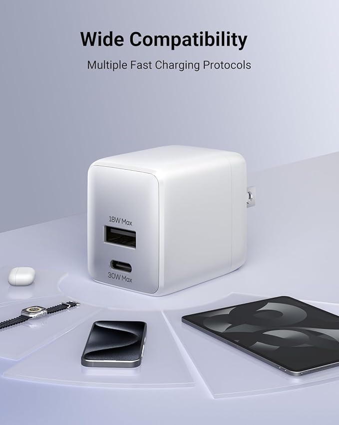 wegear USB C Fast Charging Charger, 30W Dual-Port GaN Nano Charger with Foldable Plug for iPhone 16/15 Series, iPad, Galaxy S24 Ultra and More Series, (White, 1 Pack)