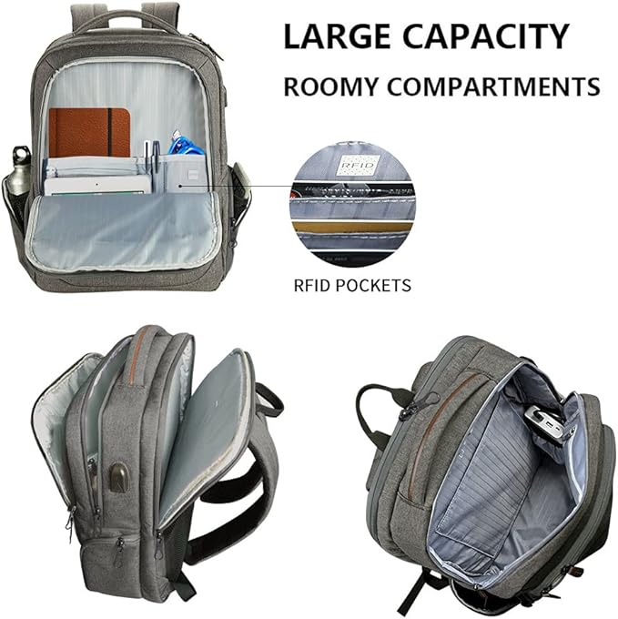 KROSER Laptop Backpack Large Computer Backpack Fits up to 17.3 Inch Laptop with USB Charging Port Water-Repellent Casual Daypack for Travel/Business/College/Women/Men-Grey
