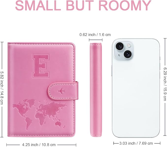 Passport Holder Cover Initail Letter A-Z Travel Wallet Embossed Design RFID Blocking Card Holder Personalized Gift Passport Cover Wallet, Passport Book Holders for Women and Girls, Pink-E
