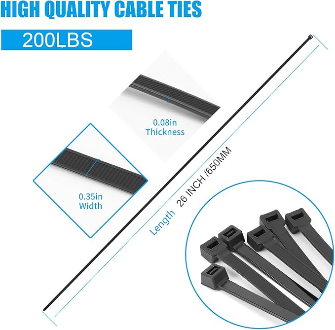 Armpow 26 inch Black Zip Ties Heavy Duty 60 PCS, 200 LBS Ultra Exclusive Strong Plastic Wire Ties, Large Cable Ties Extra Long Tie Wraps, Indoor and Outdoor UV Resistant
