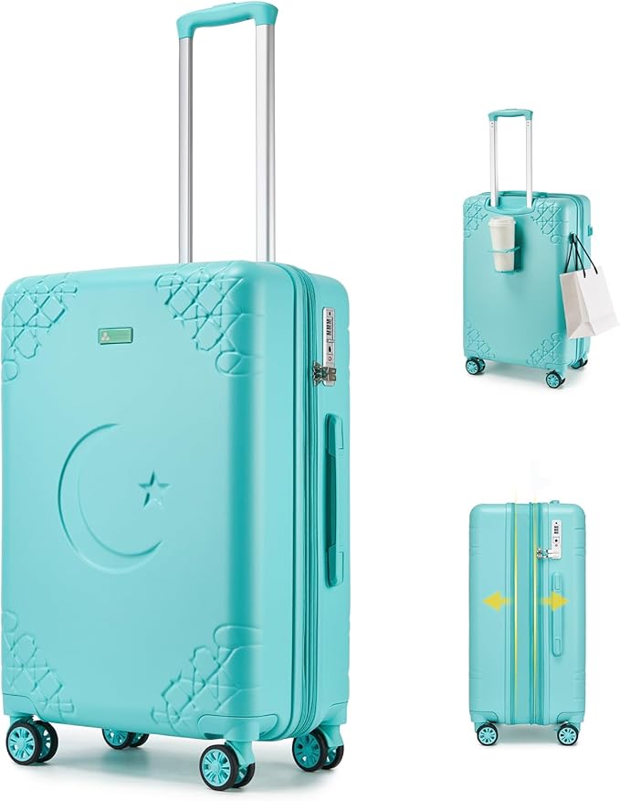 Somago Expandable Carry On luggage with Shock-Absorbing Braking Spinner Wheels Moon Star Design Hard Shell Suitcase with Cupholder TSA Lock (Robin Egg Blue,Expandable 20 Inch)