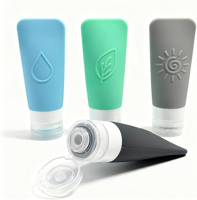 20-Piece Silicone Travel Bottles Set – TSA Approved Leakproof Toiletry Kit with Flat Easy-Squeeze Bottles, Tactile Icons, Cream Jars, Pump & Spray, Cleaning Brush