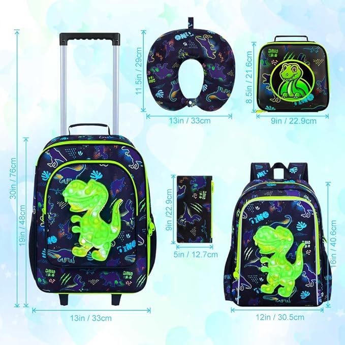 5Pcs Kids Luggage for Boys, Dinosaur Rolling Travel Carry on Suitcase for Toddler Children with Wheels(Black)