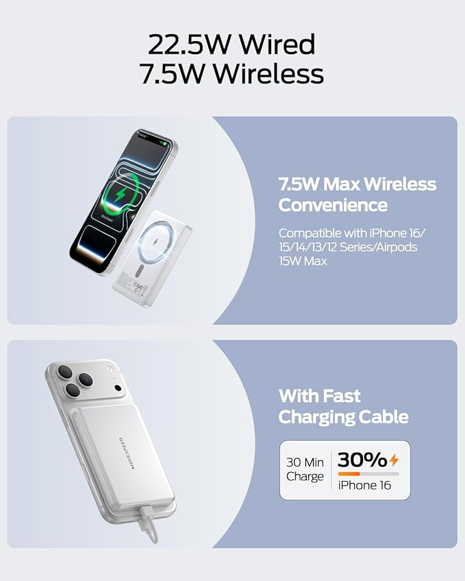MOVE SPEED 0.5'' 10,000mAh Magnetic Power Bank, Alloy-Design MagSafe Portable Charger,Fast Charging Magsafe Battery Pack for iPhone 16/15/14/13/12,Travel Essential,Oyster White