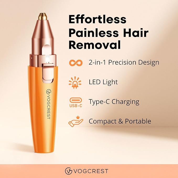 VG VOGCREST Eyebrow Facial Trimmer: 2 in1 Rechargeable Facial Hair Removal and Eyebrow Shaver - Face Lips Body Painless Facial Razor with Built-in LED Light (Orange)