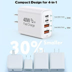 10Foot USB C-C Woven Fast Charging Cable,Apple 40W 4 Port USB C Wall Charger Block with 10FT Type C Charging Cable Cord PD&AC 40W Adapter for iPhone 17Air/17 Pro/16/16e/16 Pro Max/15/iPad Pro/Air/Mini