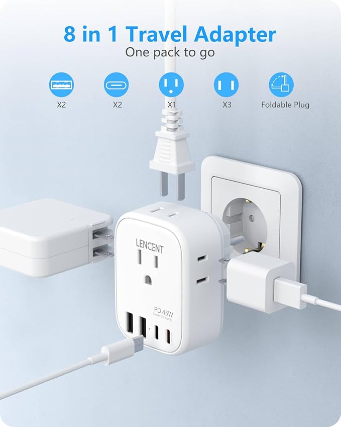 LENCENT Germany France Travel Power Adapter, PD 45W USB C Fast Charger, Schuko Type E F Plug Adaptor with 4 Outlets, Travel Essentials for US to Europe EU Spain Greece Russia Germany South Korea
