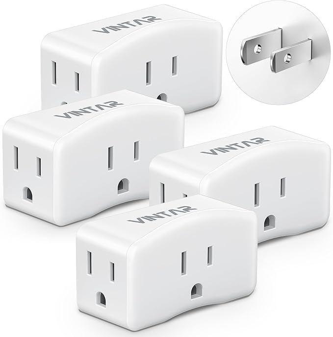 2 Prong to 3 Prong Outlet Adapter, VINTAR 2 Prong Power Strip with 3 AC Outlets (1875W/15A), Polarized Plug, Wall Plug Extender for Non-Grounded Outlet in Old House, Cruise Essentials, 4 Pack