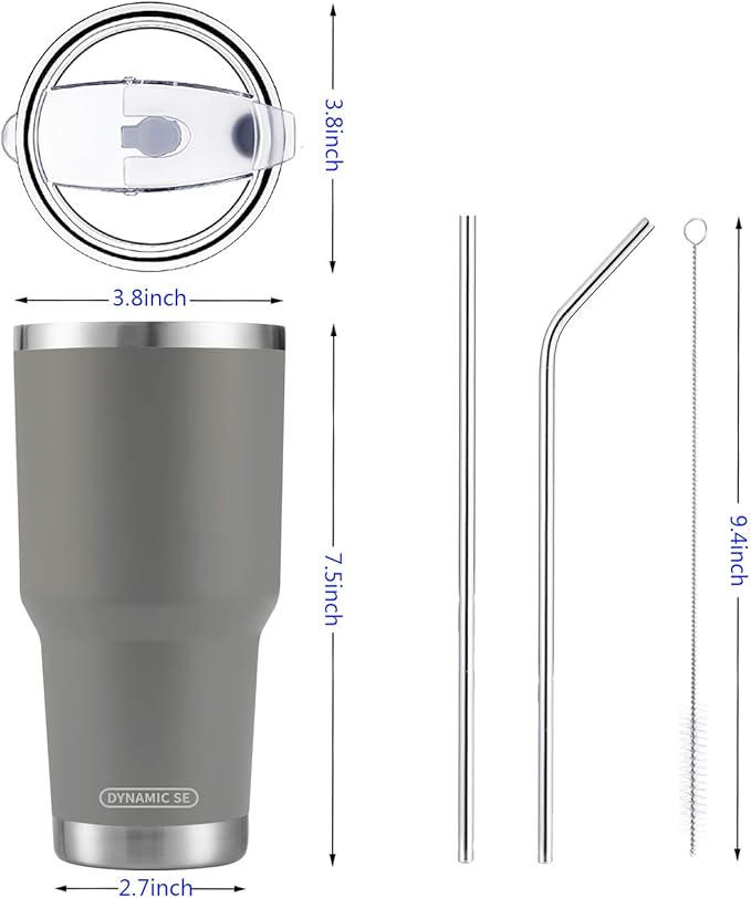 D·S 30oz Grey Tumbler Stainless Steel Insulated Travel Mug with Straw Lid Cleaning Brush (30oz Grey)