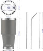 D·S 30oz Grey Tumbler Stainless Steel Insulated Travel Mug with Straw Lid Cleaning Brush (30oz Grey)