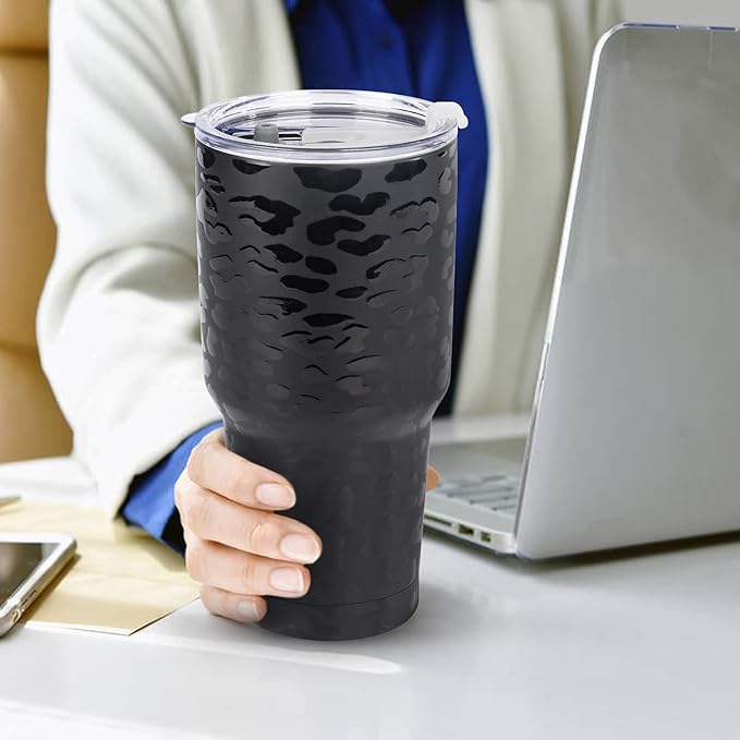 D·S 30oz Black Leopard Tumbler Stainless Steel Insulated Travel Mug with Straw Lid Cleaning Brush