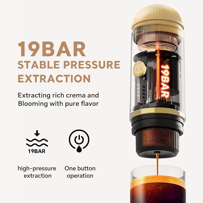 Portable Espresso Machine For Travel, USB-C Charging, Self-Heating Electric Espresso Maker, 19 Bar Mini Coffee Maker On the Go For Camping/Hiking, Ground Coffee & NESPRESSOpods (Light Gold)