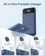 Portable Charger with Built-in Cables 10000mAh Power Bank with Cords, Slim Battery Pack with LED Display, Travel Essential Portable Charger for iPhone 17/16/15/14 Series, Android Samsung Google Pixel