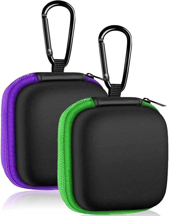 2Pack Square Earbud Case Portable EVA Carrying Case Storage Bag Cell Phone Accessories Organizer with Carabiner for Earphone, Earbud, Earpieces, SD Memory Card, Camera Chips-Purple/Green