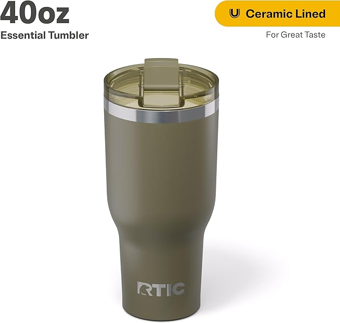 RTIC 40oz Essential Tumbler with Lid, Ceramic Lined, Insulated, Stainless Steel, Metal, Double Wall Vacuum-Insulation, Travel Cup for Iced Coffee, Tea, Hot and Cold Drink, Olive
