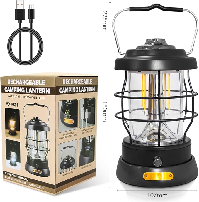 Retro Camping Lantern Rechargeable 1500LM 2 Modes Dimmable,Portable Electric Hurricane Lamp Hands-Free Flashlight,5000 mA High Capacity Battery LED Lanterns for Power Outages Indoor