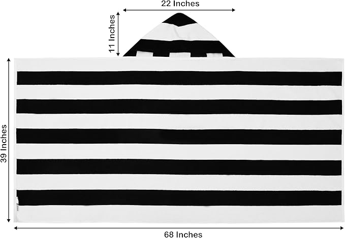 COTTON CRAFT Hooded Beach Towel – Oversized 39 x 68 Towel with Hood for Adults - 100% Ringspun Cotton Velour Terry Towel - 450 GSM Super Soft Plush Absorbent Quick Dry Bath Wrap – Cabana Stripe Black