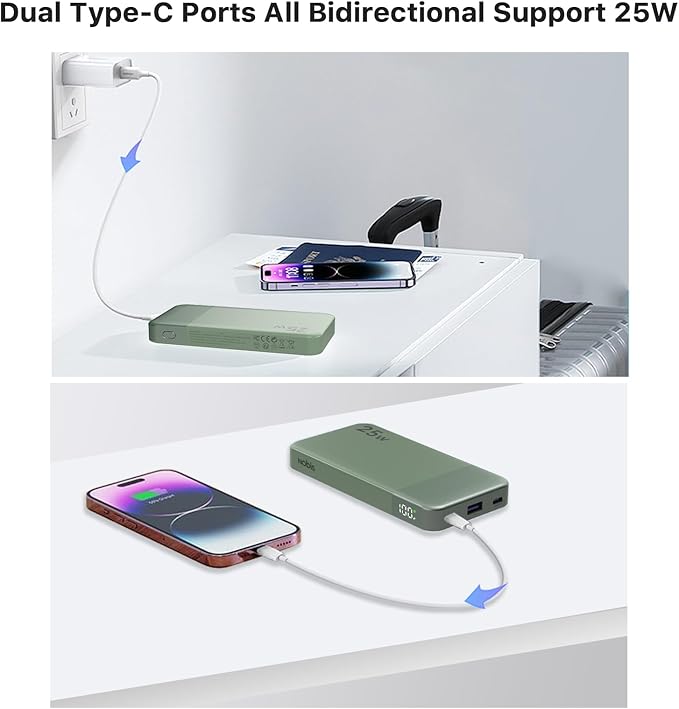 NOBIS Portable Charger, 10000mAh Power Bank Fast Charging, Battery Pack with C to C Cable, Battery Bank with Digital Display for iPhone iPad Android etc
