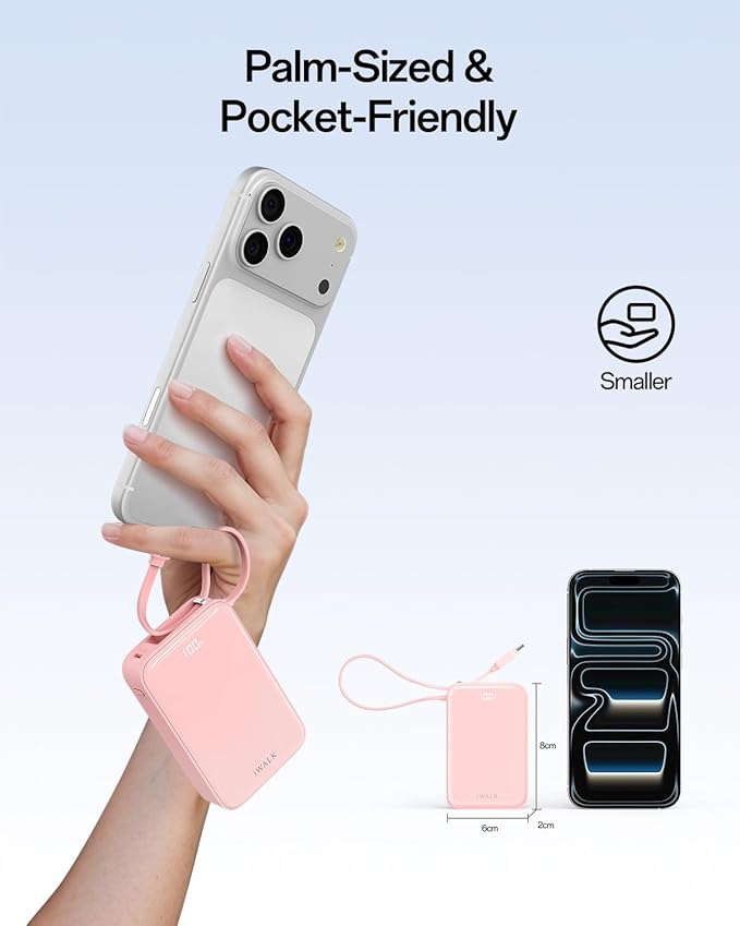 iWALK Portable Charger, 10000mAh 45W PD Power Bank, USB C in&Out Fast Charging Battery Pack with Phone Stand, Travel Essential Powerbank for iPhone 17 16 15 14 13 12 Samsung S25 MacBook etc,Pink