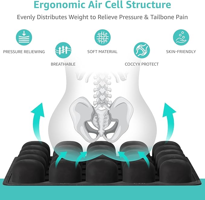 Inflatable Travel Seat Cushion for Airplane - Portable Air Pad with Built-in Pump for Long Haul Flight Essentials - Ergonomic Tailbone & Sciatica Pain Relief, Non-Slip, 15.7x15.7, Black