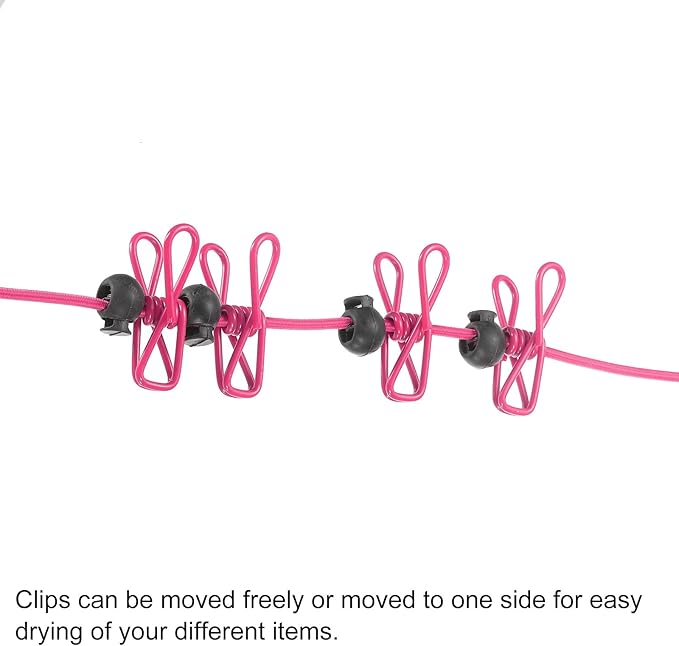 uxcell Travel Clothesline, Portable Clothesline with 12 Clothespins, 1.85M/6.07ft Windproof Stretchy Elastic Laundry Clothes Line for Backyard Hotel Camping Indoor Outdoor, Fuchsia