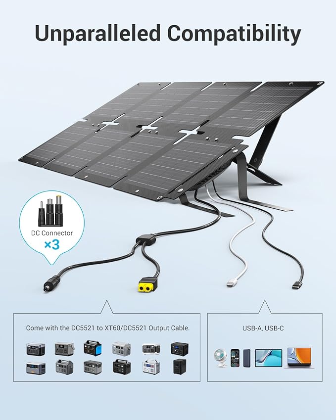 BigBlue 60W Portable Solar Panels with PD 45W USB-C, 20W USB-A, DC Port for Power Station, Phone, Power Bank, Tablet, IP68 Waterproof Foldable Solar Charger with Kickstand for Camping, RV, Emergency