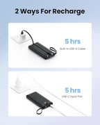 Portable Charger with Built-in Cables, Slim 10000mAh Power Bank with USB C, Travel Essentials External Battery Pack 5 Outputs 2 Inputs LED Display Compatible with iPhone/Android & More(Black)