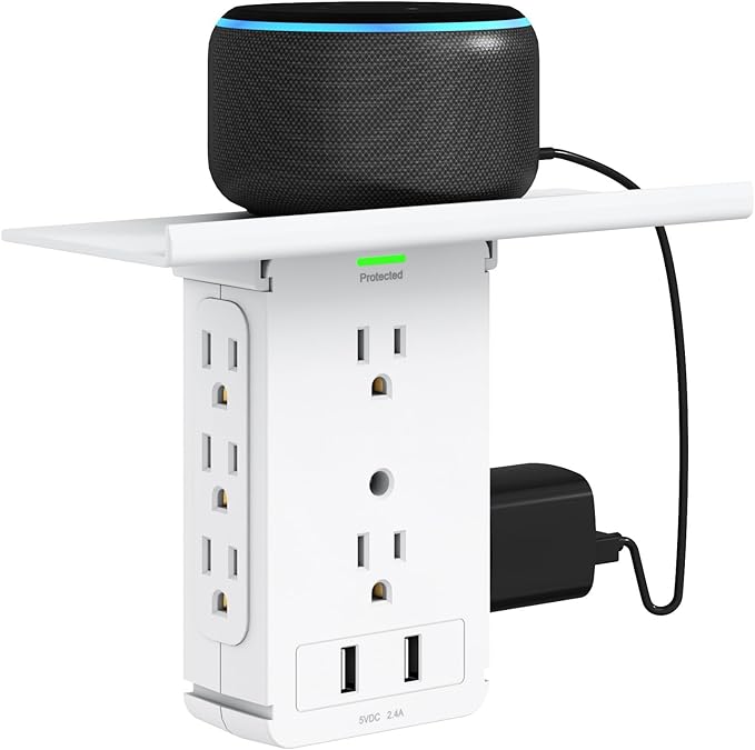 Socket Wall Shelf-CFMASTER 10 Port Surge Protector Wall Outlet, 8 Electrical Outlet Extenders and 2 USB Ports 2.4A, with Removable Built-In Shelf, FCC Listed (1, White)