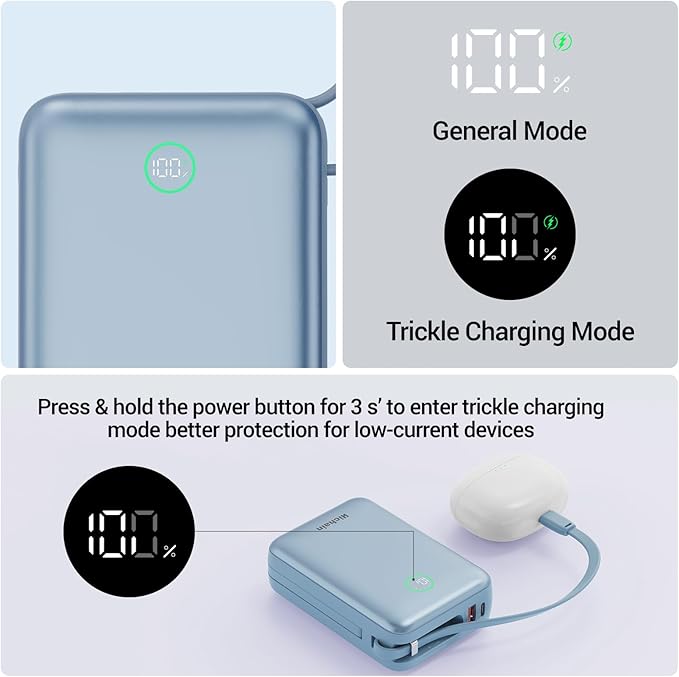 Hichain Portable Charger 35W 20000mAh Power Bank Fast Charging Portable Fast Charger Power Bank for iPhone 17/16/15/14/13, iPad, Android, LED Display Battery Pack Built Dual Cables & 4 Outputs Blue