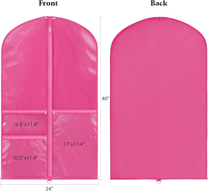 Univivi Dance Costume Bags Garment Bag 40 Inch Hanging Clothes for Dance Competitions, with 3 Medium Clear Zipper Pockets for Dance Costumes, Closet Storage (Rose Red) - 8 Pack