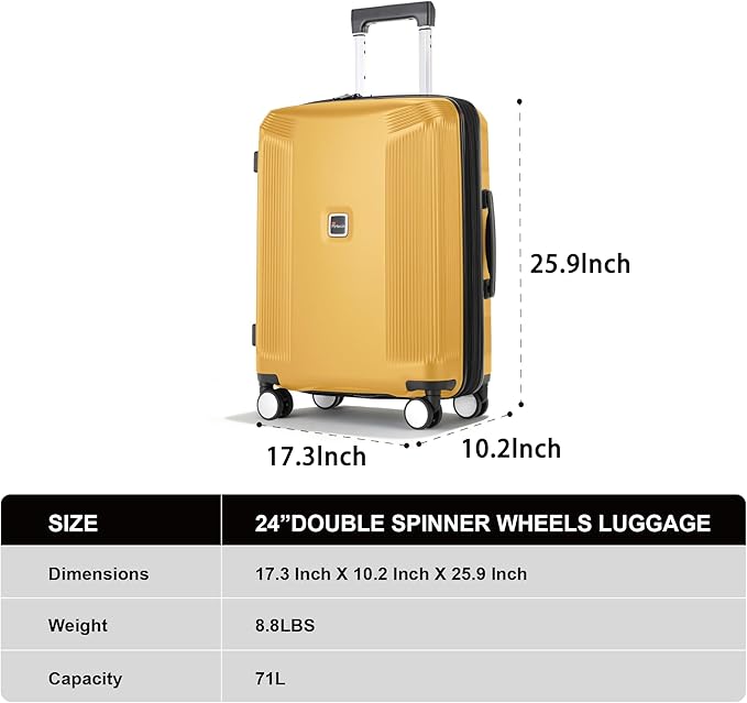 Luggage Sets 3 Piece, Lightweight Expandable PC Hardside Durable Suitcases with Spinner Wheels & TSA Lock, 20/24/28 Inch, Yellow