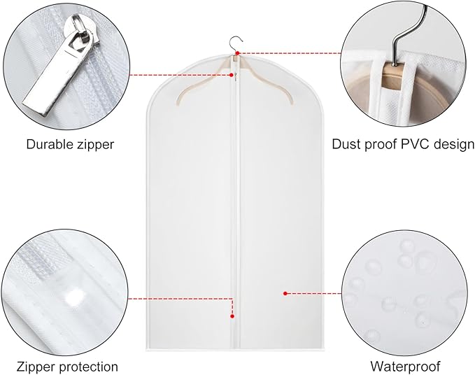 Garment Bag Suit Bags for Storage with Zipper 40 inches Clear Dust-Proof Clothes Cover Bag for Suit, Coat, Dress Closet Clothes Storage- Set of 20 [Upgraded Version]