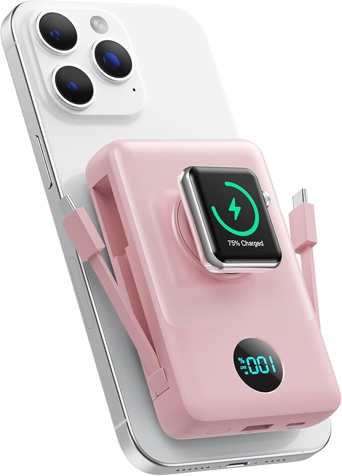 6 in 1 Magnetic Portable Charger for iPhone with Built-in Cables, 10800mAh 25W PD Fast Charging Power Bank, 6 Outputs Travel Essential Battery Pack for iPhone 17/16/15/14/13/12,Apple Watch (Peach)