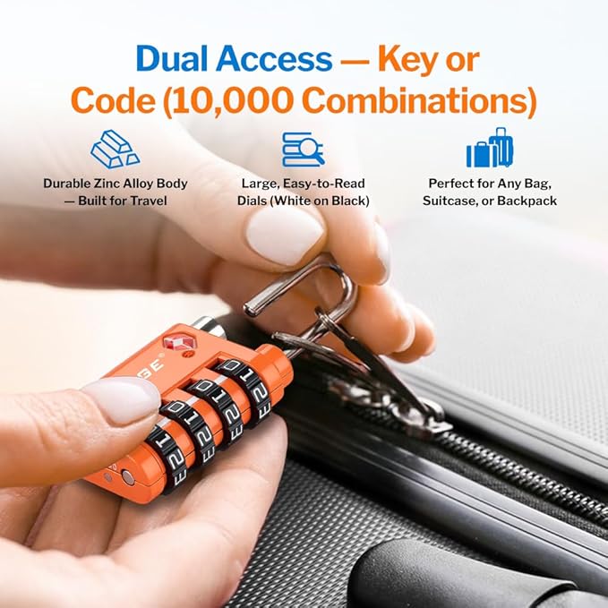 Forge Dual-Opening: Key or Combination Lock, TSA Approved Lock for Luggage, Pelican case, Travel, Gym, School, Luggage Combination Lock, Travel Bag Lock (Orange 2 Pk)