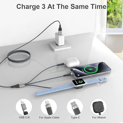 2025 Upgraded 3 in 2 Travel Charger for Apple Watch & iPhone - USB C/Magnetic Wireless Fast Charging Cable, Compatible with iWatch Ultra 2/SE/10-1, iPhone 16/15, Galaxy S24 (Portable 6FT)